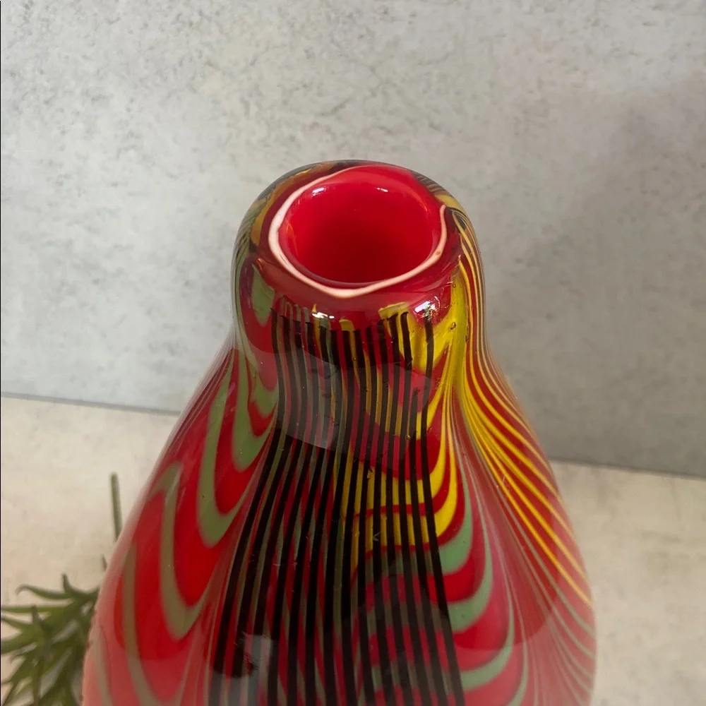 Large Art Glass Vase Red Yellow Swirl Murano Style 13” Statement Decor Heavy